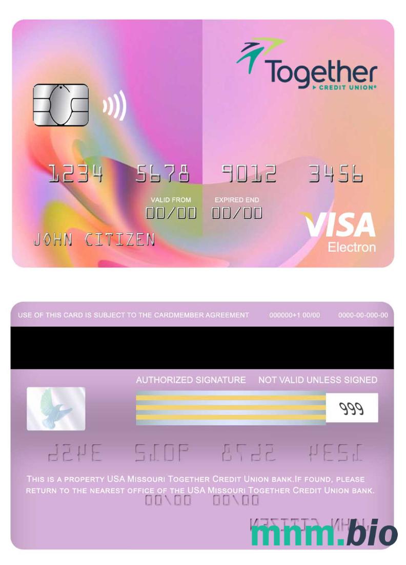 USA Missouri Together Credit Union bank visa electron karta przykład w formacie PSD